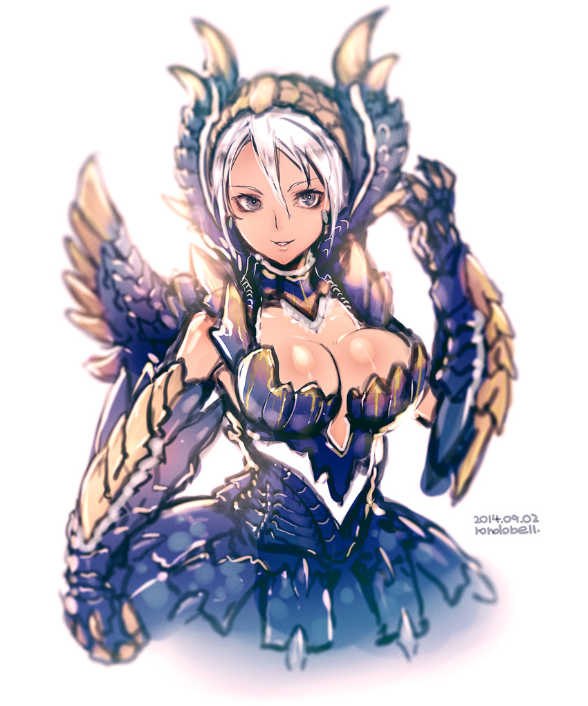 absurdres armor artist_name blurry breasts dated highres large_breasts looking_at_viewer monster_hunter parted_lips rondo_bell solo white_background white_hair