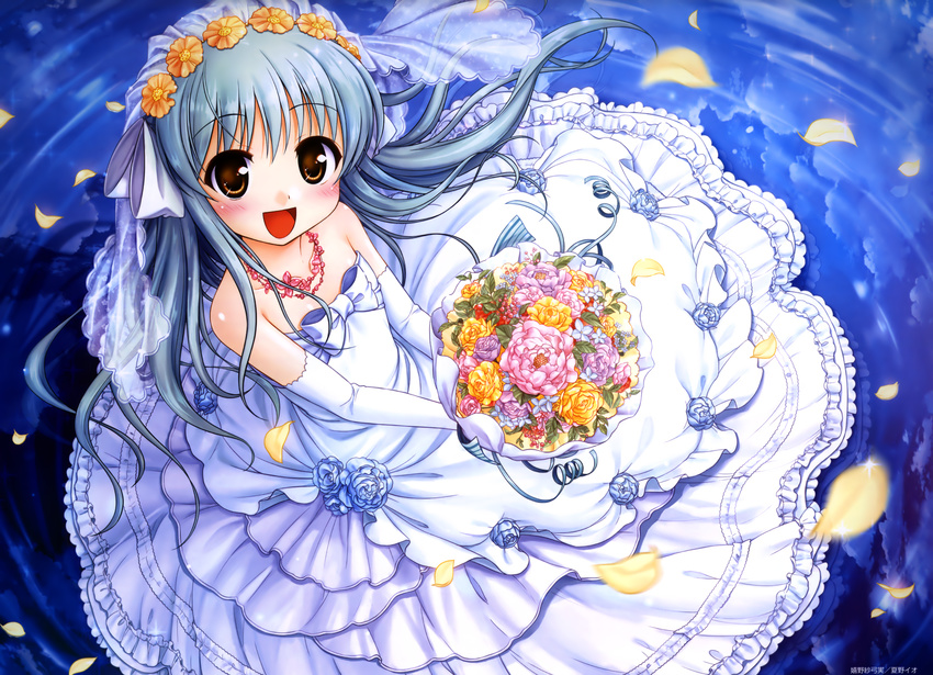 :d absurdres bekkankou bouquet bridal_veil brown_eyes daitoshokan_no_hitsujikai dress flower green_hair highres huge_filesize open_mouth petals smile ureshino_sayumi veil wedding_dress