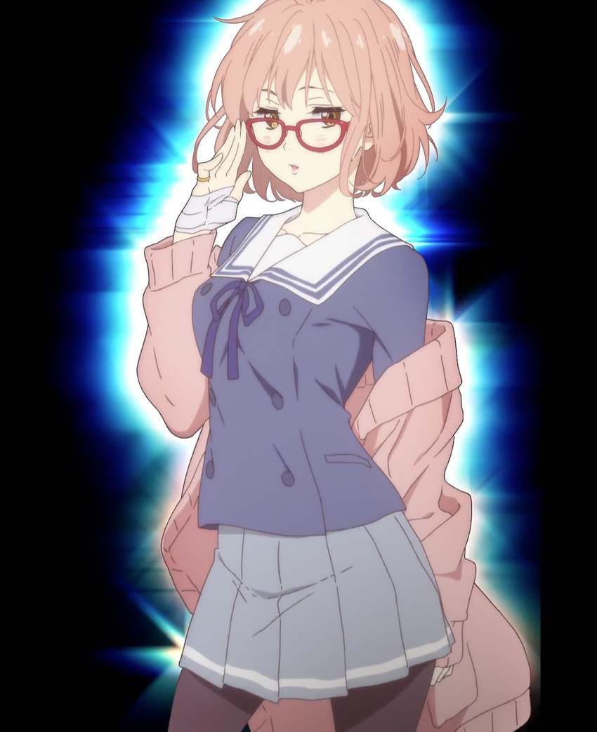 adjusting_eyewear breasts brown_hair glasses highres kuriyama_mirai kyoukai_no_kanata looking_at_viewer open_mouth pantyhose red-framed_eyewear school_uniform short_hair skirt solo yellow_eyes