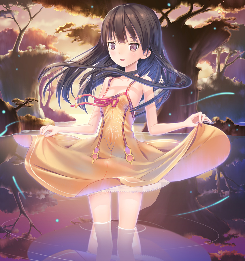 bad_id bad_pixiv_id bangs bare_arms black_eyes black_hair blush collarbone dress flat_chest floating_hair highres long_hair nature orange_dress original outdoors skirt_hold sleeveless sleeveless_dress solo tougetsu_gou twilight wading water