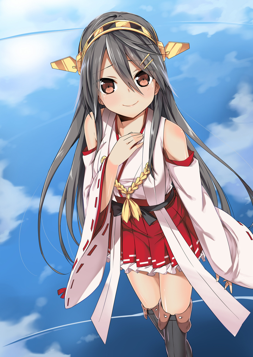 @ichigo absurdres bare_shoulders brown_eyes detached_sleeves frilled_skirt frills grey_hair hair_ornament hairband hairclip hand_on_own_chest haruna_(kantai_collection) headgear highres japanese_clothes kantai_collection lace lace-trimmed_thighhighs long_hair looking_at_viewer nontraditional_miko pleated_skirt red_skirt ribbon-trimmed_sleeves ribbon_trim skirt smile solo thighhighs zettai_ryouiki