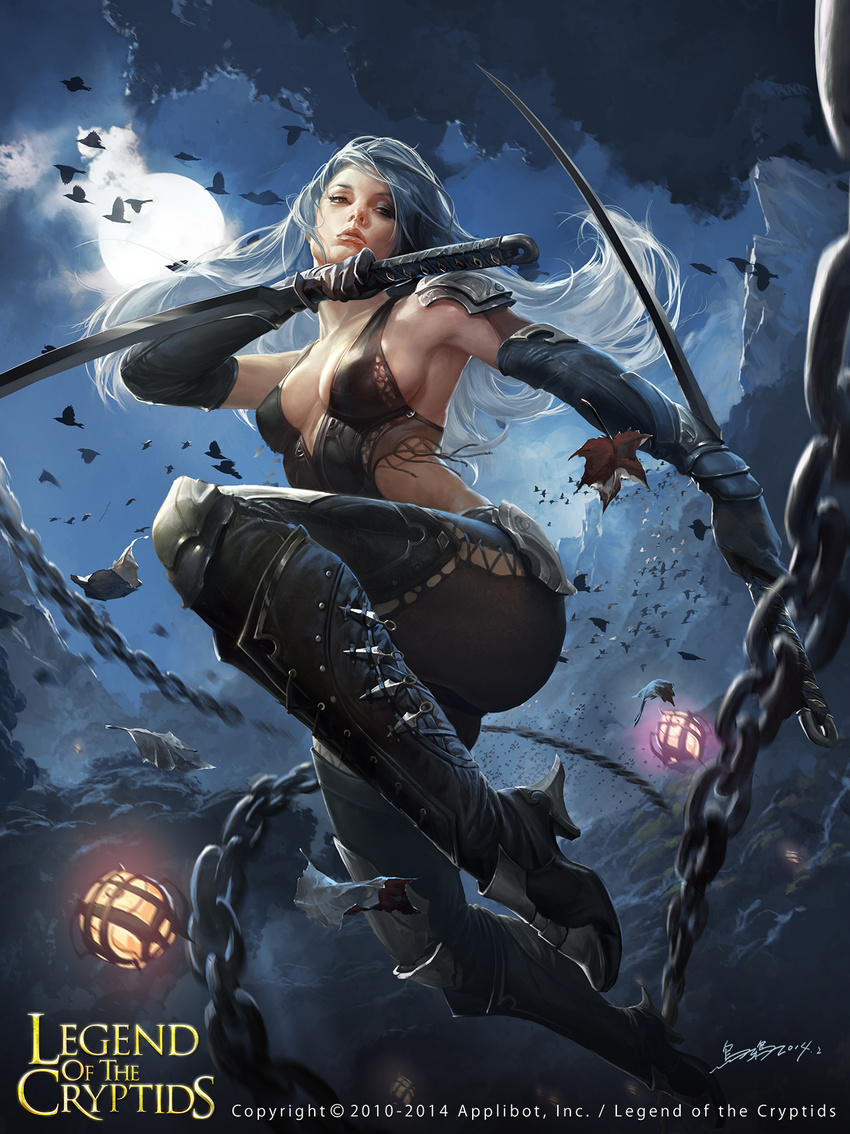 bird black_gloves breasts chain cleavage company_name copyright_name crow crowgod dual_wielding gloves grey_hair high_heels highres holding jumping katana kunai lantern large_breasts leaf legend_of_the_cryptids long_hair maple_leaf moon needle ninja shoulder_pads sideboob signature sword throwing_needles weapon white_hair