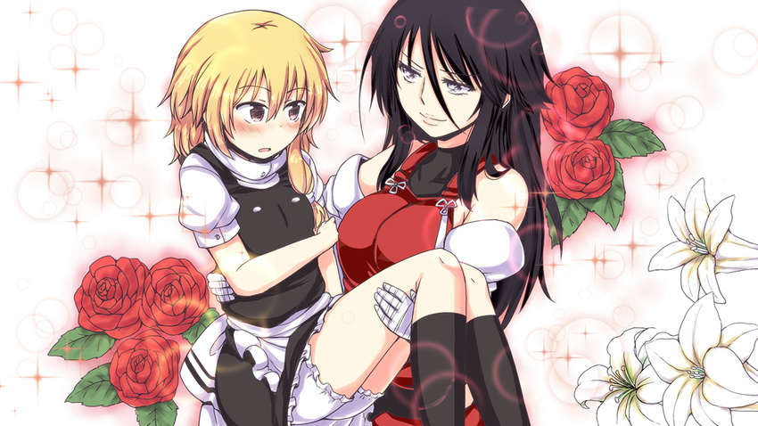 :o age_difference apron bandaged_arm bandages bare_shoulders black_hair black_legwear blonde_hair bloomers blush breasts carrying detached_sleeves dress flower kirisame_marisa large_breasts lockheart m.u.g.e.n multiple_girls open_mouth original princess_carry red_eyes rose sendai_hakurei_no_miko skirt skirt_set smile socks sparkle touhou turtleneck undershirt underwear vest waist_apron white_eyes