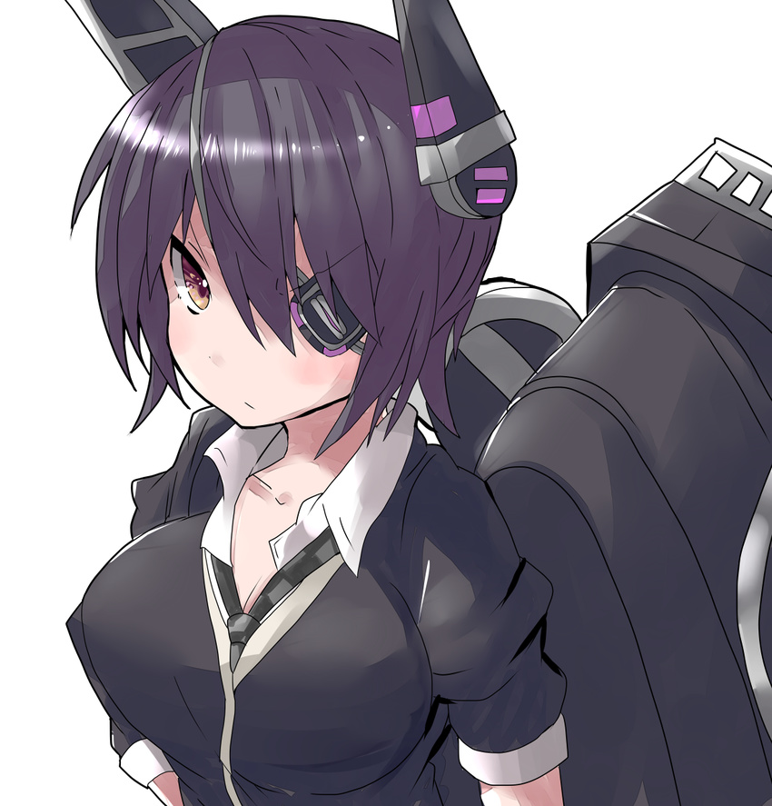 black_hair blush breasts brown_eyes eyepatch face headgear highres kantai_collection kuromu_(underporno) large_breasts looking_at_viewer machinery necktie short_hair solo tenryuu_(kantai_collection) upper_body white_background