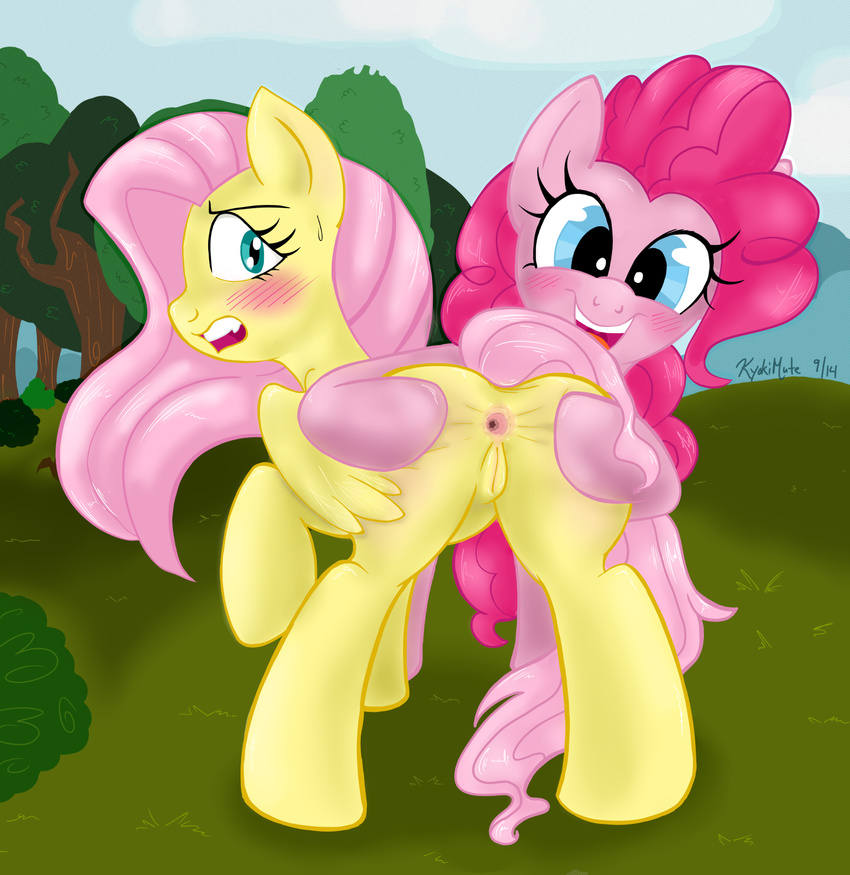 2014 anus back_turned blue_eyes blush butt duo earth_pony equine eyelashes female feral fluttershy_(mlp) friendship_is_magic fur hair horse kyokimute lesbian looking_at_viewer mammal my_little_pony open_mouth outside pegasus pink_fur pink_hair pinkie_pie_(mlp) pony pussy spreading spreading_anus standing sweat tree white_fur wings