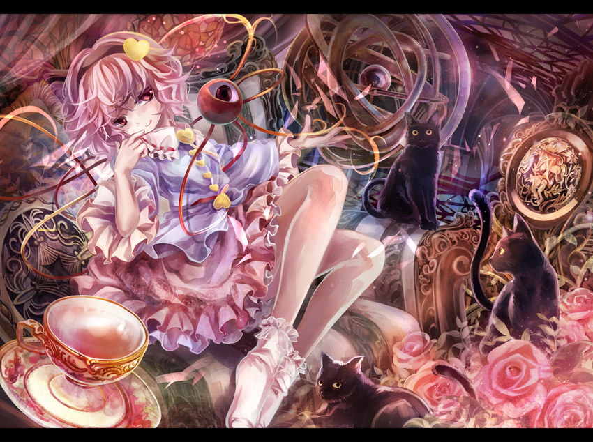 animal bad_id bad_pixiv_id bobby_socks cat cup flower frills hairband heart komeiji_satori letterboxed pink_hair red_eyes revision rose short_hair sitting smile socks solo teacup third_eye torino_akua touhou white_legwear