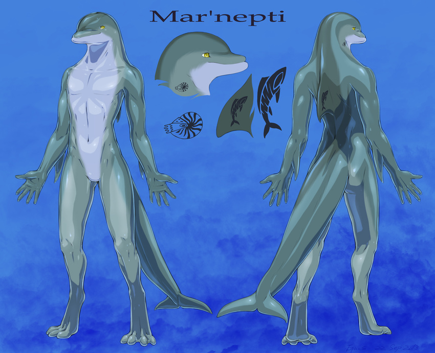 cetacean digitigrade dolphin dorsal_fin equus fish five_fingers four_toes male mammal marine navel nude reference_page shellfish simple_background standing tattoo yellow_eyes