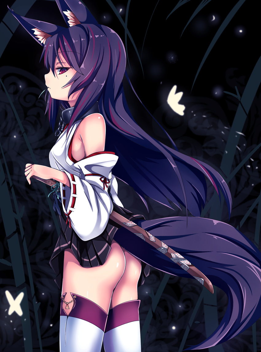 absurdres animal_ears ass black_hair bokken character_request collar detached_sleeves erimu fox_ears from_behind highres japanese_clothes long_hair looking_back miko miniskirt mouth_hold no_panties original red_eyes skirt solo sword tail thighhighs weapon wooden_sword