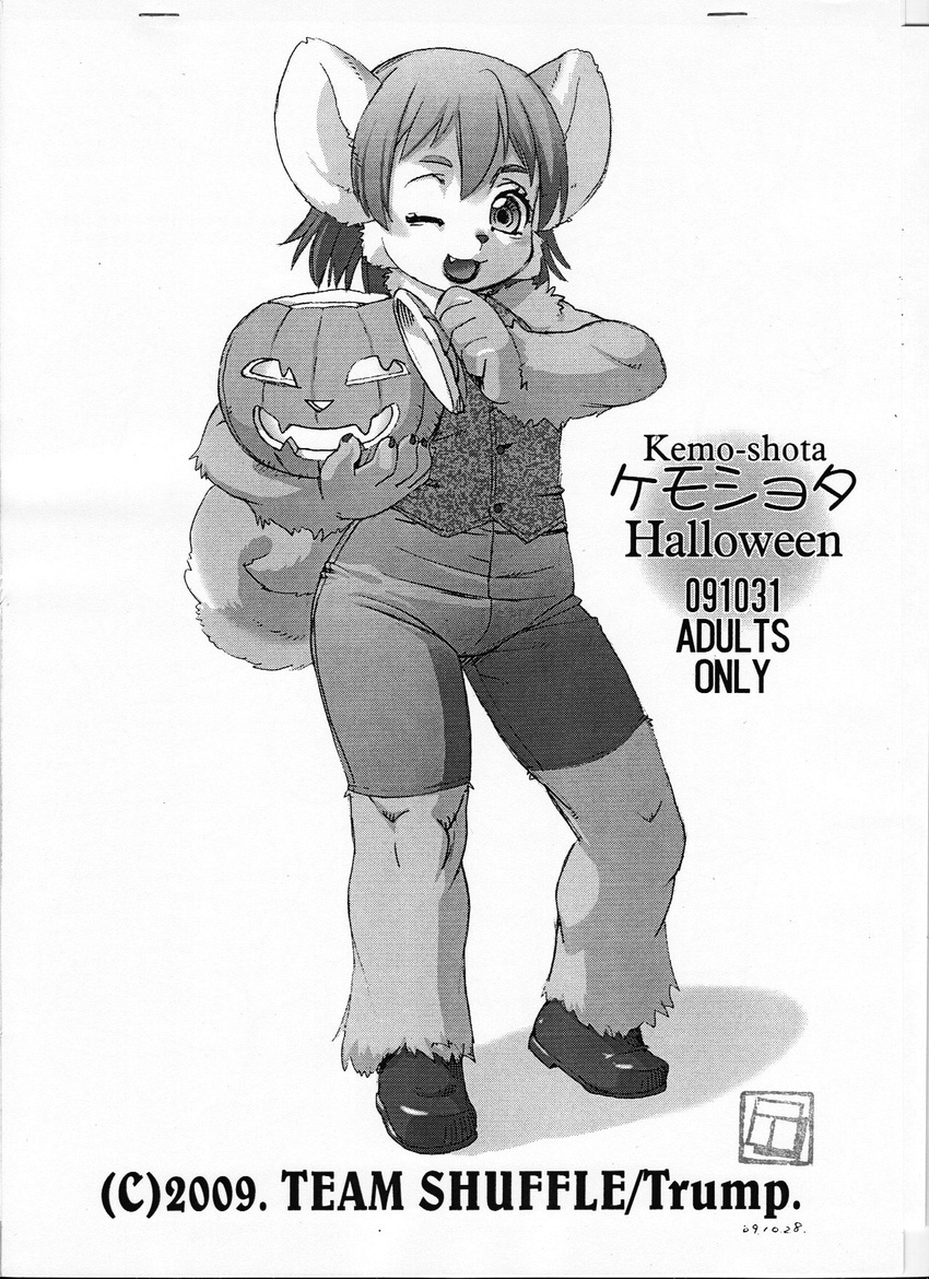 2009 canine cheek_tuft clothing jack_o'_lantern looking_at_viewer male mammal neck_tuft one_eye_closed open_mouth pumpkin shoes shorts shota shoulder_tuft solo standing team_shuffle text translation_request trump vest wink young