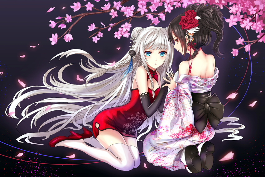 bare_shoulders black_gloves black_hair blue_eyes braid brown_eyes cherry_blossoms china_dress chinese_clothes clog_sandals devildogs double_bun dress elbow_gloves flower gloves hair_flower hair_ornament high_heels highres holding_hands interlocked_fingers japanese_clothes kimono long_hair multiple_girls obi original petals sash seiza short_hair silver_hair sitting thighhighs updo very_long_hair white_legwear zettai_ryouiki