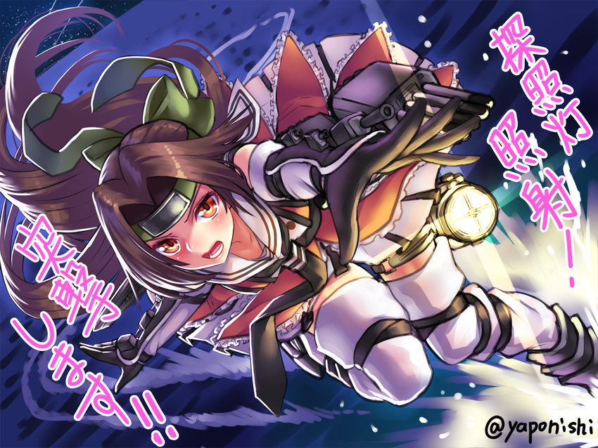 brown_eyes brown_hair gloves green_headband headband jintsuu_(kantai_collection) kantai_collection long_hair night night_sky outstretched_hand pleated_skirt remodel_(kantai_collection) school_uniform skirt sky solo spotlight thighhighs translated twitter_username yapo_(croquis_side) zettai_ryouiki