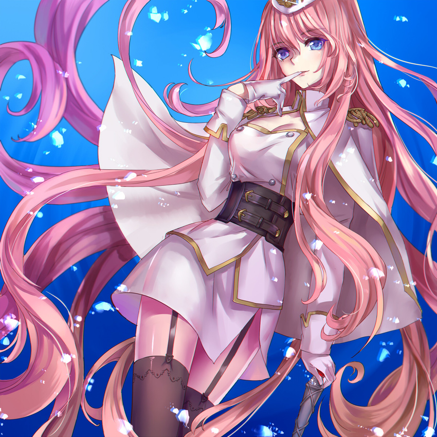 biting black_legwear blue_eyes cape epaulettes garrison_cap garter_straps glove_biting gloves hat highres long_hair megurine_luka military military_uniform monogo pink_hair skirt solo thighhighs uniform very_long_hair vocaloid white_gloves