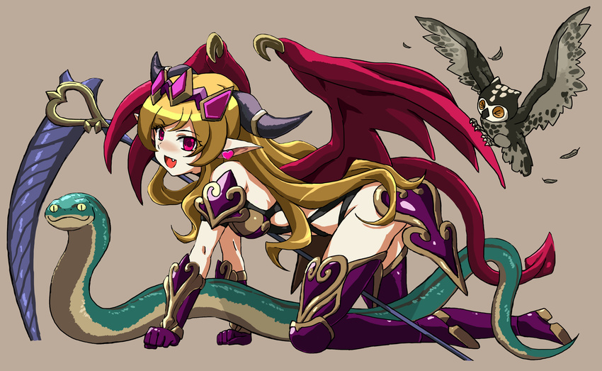 :d animal armor bare_shoulders bikini_armor bird blonde_hair demon_girl demon_horns demon_tail demon_wings earrings fang full_body heart heart_earrings highres horn_ring horns jewelry junu lilith_(p&amp;d) long_hair looking_at_viewer open_mouth owl pink_eyes puzzle_&amp;_dragons scythe smile snake solo tail tiara very_long_hair weapon wings