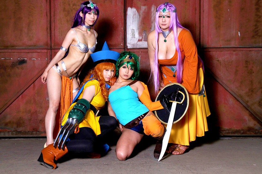 4girls asian breasts brown_eyes cameltoe chouzuki_maryou claws cosplay dragon_quest dragon_quest_iv green_hair large_breasts minea minea_(cosplay) multiple_girls orange_hair photo plump purple_hair square_enix sword weapon