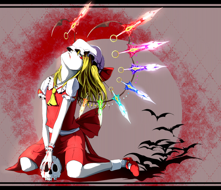 ascot bad_id bad_pixiv_id bat blonde_hair blood blood_on_face flandre_scarlet hat highres hybrid_(1212apro) mob_cap pale_skin puffy_short_sleeves puffy_sleeves red_eyes shaft_look short_sleeves sitting skirt skull solo touhou vest wariza wings