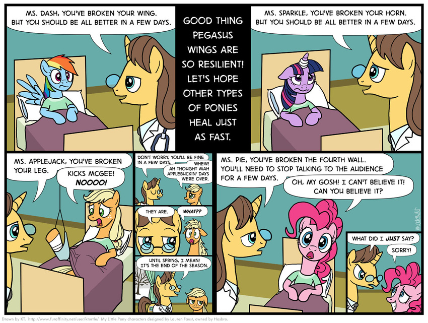 2014 applejack_(mlp) bandage bed blonde_hair blue_eyes breaking_the_fourth_wall brown_hair comic dialog earth_pony english_text equine eyewear female freckles friendship_is_magic glasses green_eyes hair horn horse hospital hospital_bed lab_coat lying male mammal my_little_pony necktie pegasus pillow pinkie_pie_(mlp) pony purple_eyes purple_hair rainbow_dash_(mlp) text timothy_fay twilight_sparkle_(mlp) unicorn wings