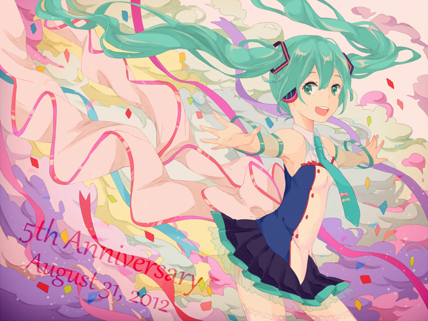 :d anniversary bad_id bad_pixiv_id green_eyes green_hair hair_ornament hatsune_miku headphones kise_(swimmt) long_hair looking_at_viewer necktie open_mouth outstretched_arms pleated_skirt skirt smile solo spread_arms twintails very_long_hair vocaloid wind