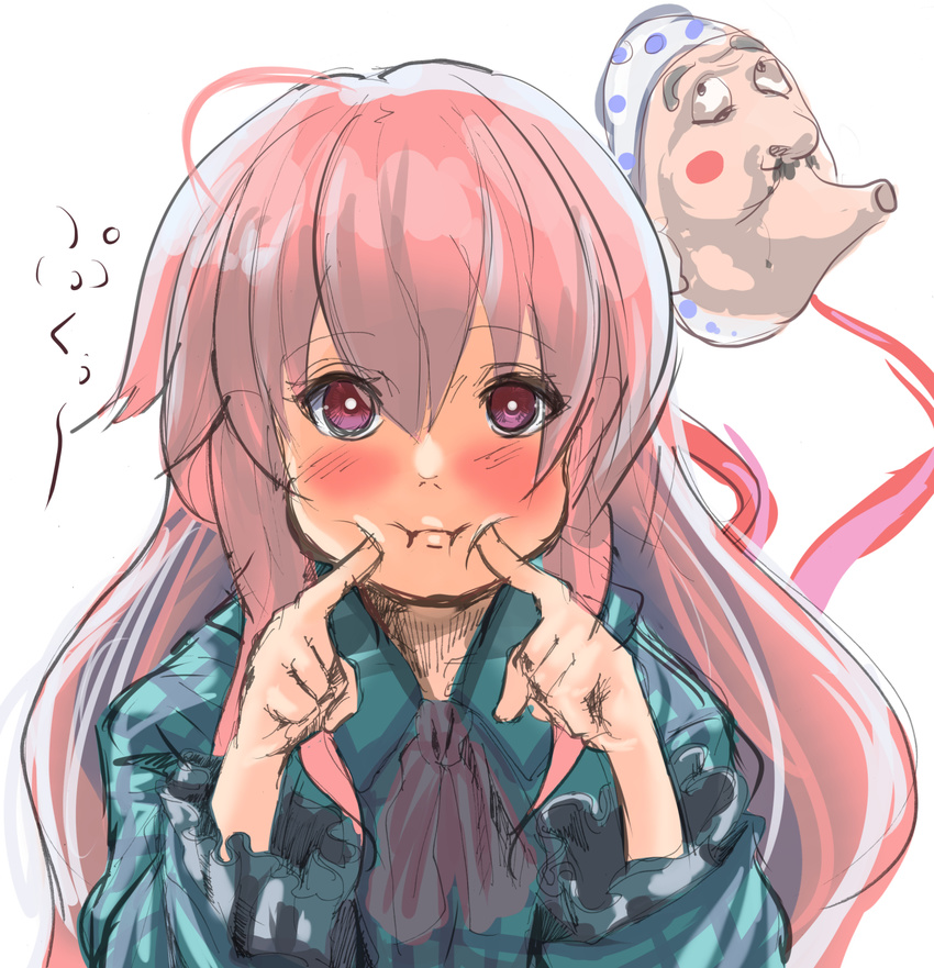 blush bow expressionless face_mask fingersmile hata_no_kokoro hey_taishou highres long_hair long_sleeves mask pink_hair pouty_lips purple_eyes shirt sketch solo touhou upper_body very_long_hair wide_sleeves