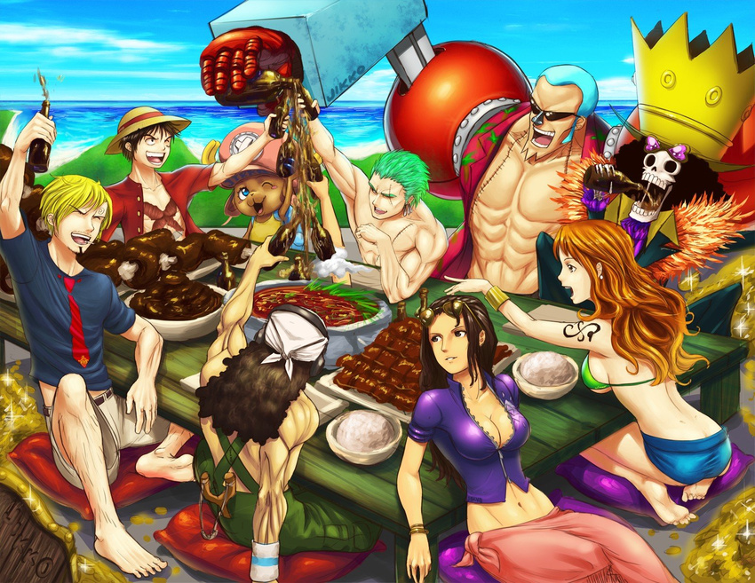 2girls 6+boys abs arm_support arm_up barefoot belt bikini_top black_hair blonde_hair blue_eyes blue_hair blue_sky blush blush_stickers bottle bracelet breasts brook brown_hair center_opening cigarette cleavage cloud cloudy_sky cola collarbone crop_top crown cyborg earrings eating eyes_closed feet food franky glass glasses glasses_on_head gold green_hair hair_slicked_back hat headphones holding horns jewelry long_hair looking_back looking_up meat midriff monkey_d_luffy multiple_boys multiple_girls muscle nami nami_(one_piece) navel nico_robin no_bra ocean one_eye_closed one_piece open_clothes open_mouth open_shirt orange_hair outdoors outstretched_arm overalls pillow pink_skirt red_shirt reindeer rice roronoa_zoro sanji sarong scar shiny shiny_clothes shiny_hair shirt short_hair shorts sitting skeleton skirt sky slingshot smile soles stew straw_hat sunglasses sunglasses_on_head t-shirt table tattoo toes tony_tony_chopper underboob unzipped usopp water wristband zipper