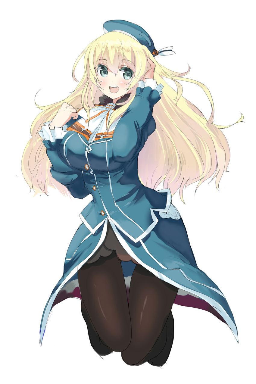 :d aqua_eyes atago_(kantai_collection) blonde_hair hat highres kantai_collection long_hair oi_ke open_mouth pantyhose simple_background smile solo white_background