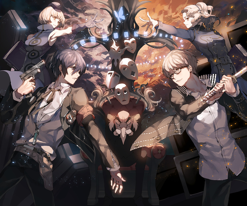 3boys bad_id bad_pixiv_id bare_shoulders belt blonde_hair blue_eyes blue_hair book bug butterfly digital_media_player dress elizabeth_(persona) evoker gakuran glasses gloves grey_eyes grey_hair hair_over_one_eye hairband hat headphones highres igor insect long_hair margaret_(persona) mask multiple_boys multiple_girls narukami_yuu pantyhose persona persona_3 persona_4 pointy_nose ribbon school_uniform ser323 short_hair siblings sisters sleeveless smile yellow_eyes yuuki_makoto