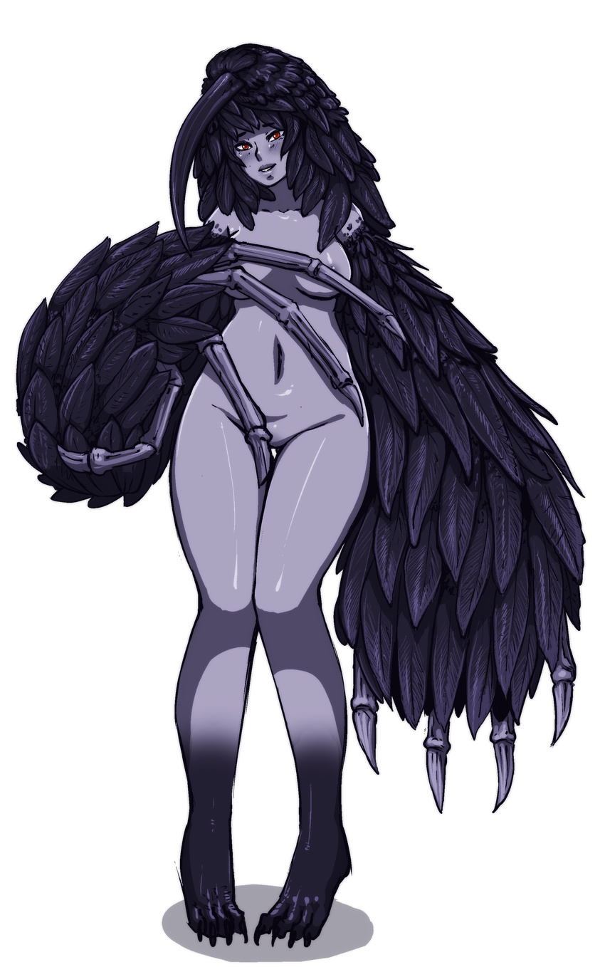 artist_request bird blush breasts covering covering_crotch crow dark_souls demon highres looking_at_viewer monster_girl ornifex purple_skin red_eyes souls_(from_software) weaponsmith_ornifex wide_hips wings