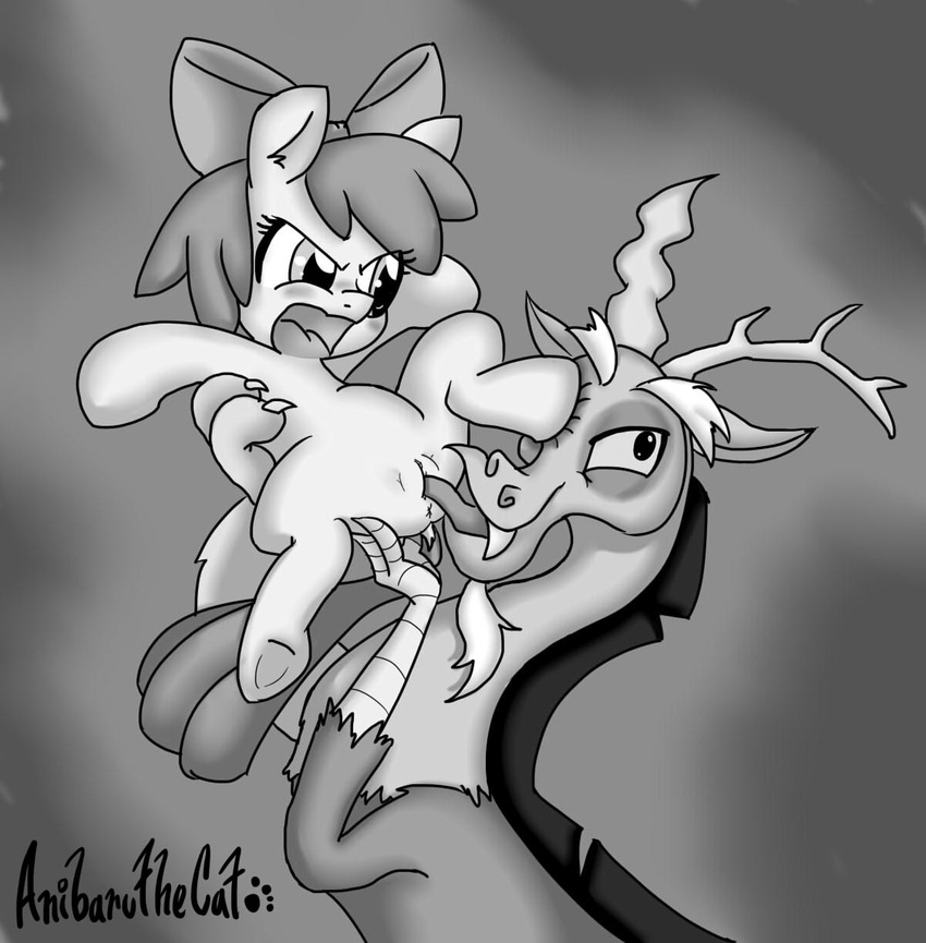 2014 anibaruthecat anus apple_bloom_(mlp) bow cub discord_(mlp) draconequus duo earth_pony equine female feral friendship_is_magic greyscale hair holding horn horse male mammal monochrome my_little_pony open_mouth oral oral_sex pony pussy sex spread_legs spreading straight tongue young