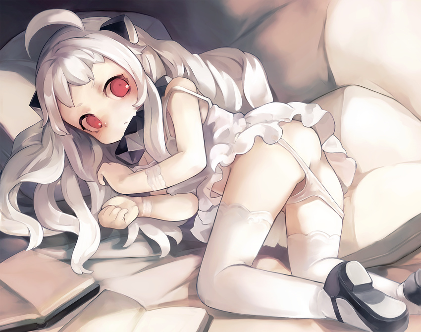 ahoge alternate_costume ass book highres horns kantai_collection long_hair lying mary_janes nekotewi northern_ocean_hime pale_skin panties panty_pull red_eyes shinkaisei-kan shoes solo thighhighs underwear white_hair white_legwear white_panties wristband