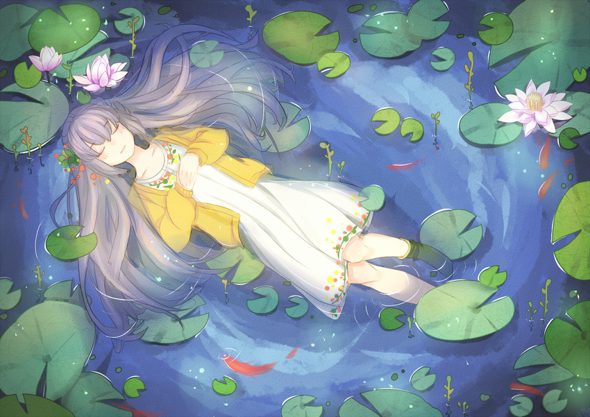 afloat bad_id bad_pixiv_id casual dress flower grey_hair hair_ornament hands_on_own_chest long_hair lotus lying mame_(yangqi787) original solo sweater white_dress