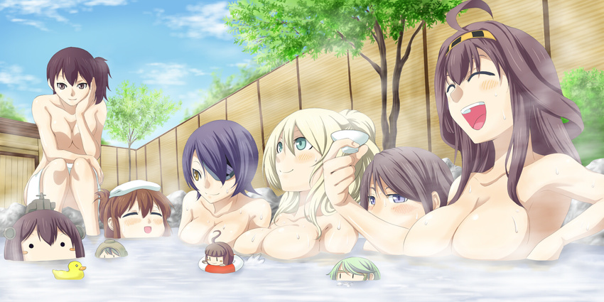 53cm_hull-mount_(oxygen)_torpedoes 6+girls ahoge alcohol alternate_hairstyle armpits atago_(kantai_collection) bathing blonde_hair blue_eyes blush_stickers breasts brown_eyes brown_hair closed_eyes eyepatch fairy_(kantai_collection) folded_ponytail goggles green_eyes green_hair hairband headgear hiei_(kantai_collection) inazuma_(kantai_collection) innertube kaga_(kantai_collection) kantai_collection kongou_(kantai_collection) large_breasts multiple_girls nude onsen purple_hair rubber_duck sake side_ponytail tenryuu_(kantai_collection) towel towel_on_head tyotyotyori type_a_kou-hyouteki yellow_eyes yukikaze_(kantai_collection)
