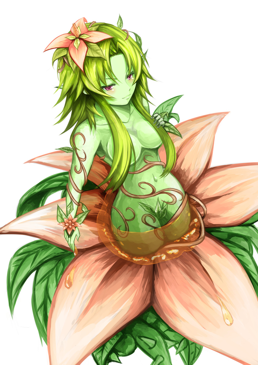 alraune breasts cleavage crowsnest flower green_hair green_skin hair_ornament hair_over_breasts highres large_breasts leaf long_hair monster_girl monster_girl_encyclopedia nectar plant plant_girl pointy_ears purple_eyes smile vines