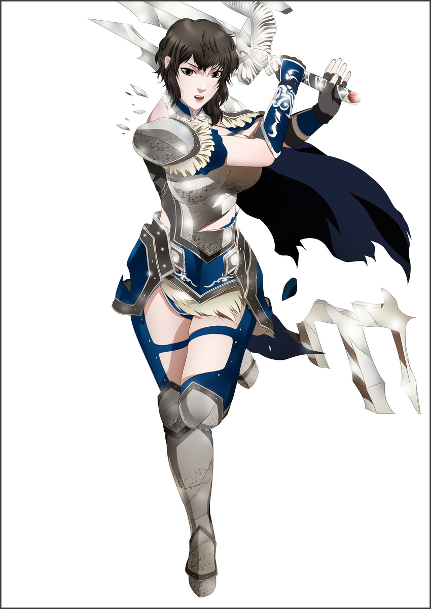 1girl armor black_eyes black_hair breasts cape highres large_breasts legs looking_at_viewer sangoku_musou shin_sangoku_musou short_hair shoulder_pads simple_background solo standing thighs torn_clothes wang_yi weapon white_background yadokari_genpachirou