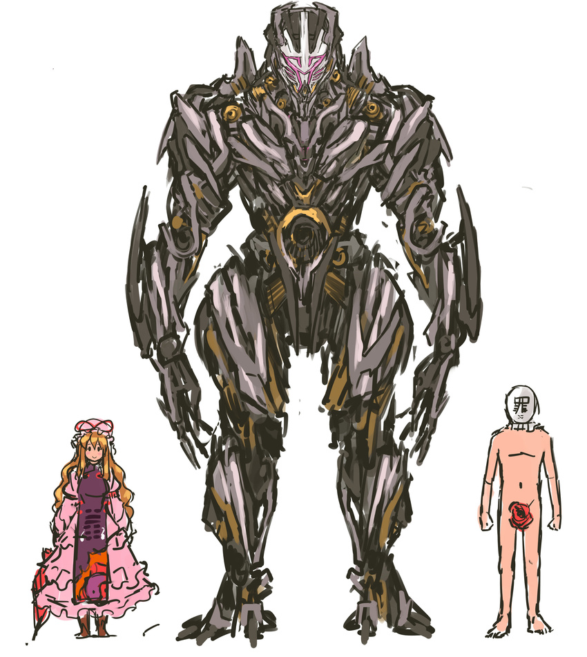 1girl absurdres blonde_hair blush_stickers character_request closed_umbrella copyright_request crossover hat height_difference highres megatron nameo_(judgemasterkou) nude sin_sack size_comparison sketch smile tabard touhou transformers umbrella yakumo_yukari