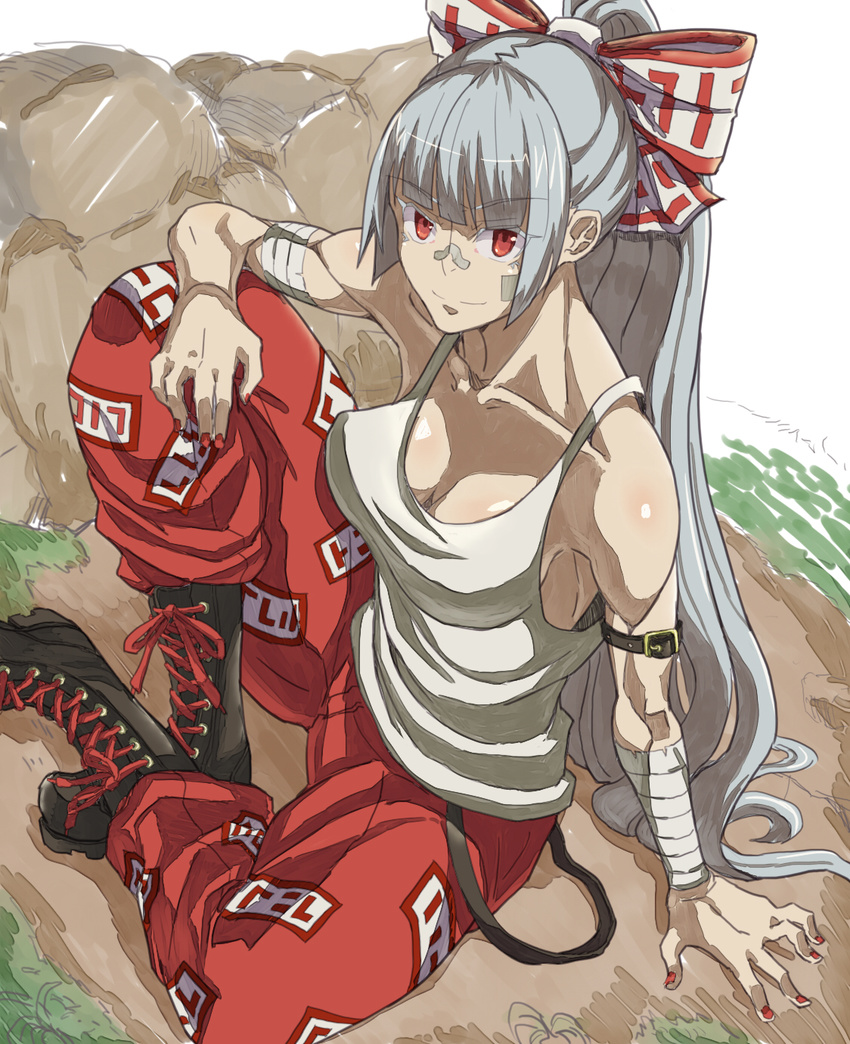 bandages bandaid bangs bare_shoulders black_footwear blunt_bangs boots breasts collarbone cross-laced_footwear fujiwara_no_mokou hair_ribbon high_ponytail highres large_breasts long_hair looking_at_viewer muscle nail_polish pants red_eyes red_pants ribbon silver_hair sitting solo tank_top touhou very_long_hair yostel