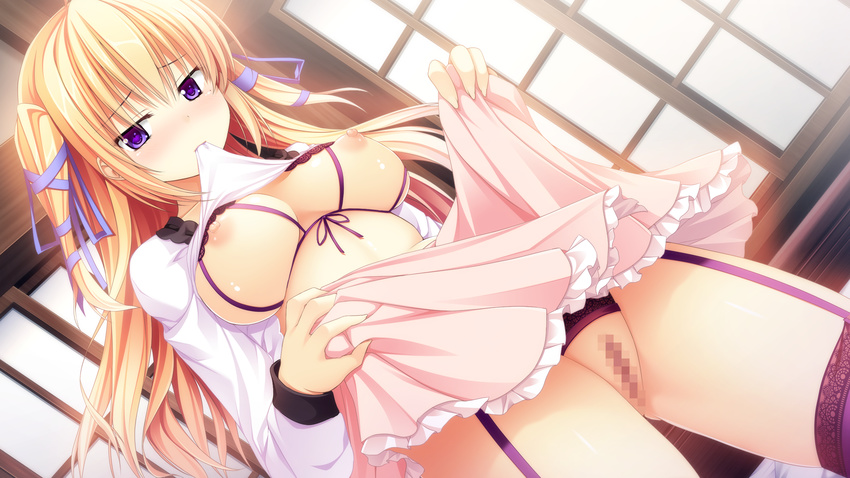 1girl absurdres areolae blonde_hair blush breasts censored game_cg garter_straps highres kanojo_wa_ecchi_de_midara_na_hentai large_breasts legs long_hair looking_away mole mouth_hold nipples purple_eyes pussy skirt skirt_lift solo sorai_shin'ya sorai_shin'ya standing thighhighs thighs twintails