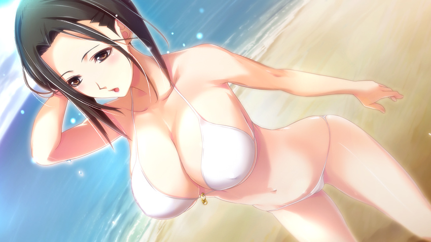 arm_up beach bikini black_hair blush breasts brown_eyes chuuou_higashiguchi cleavage covered_nipples day dutch_angle game_cg highres large_breasts myouin_misato navel ocean open_mouth short_hair solo sougeki_no_jaeger swimsuit white_bikini