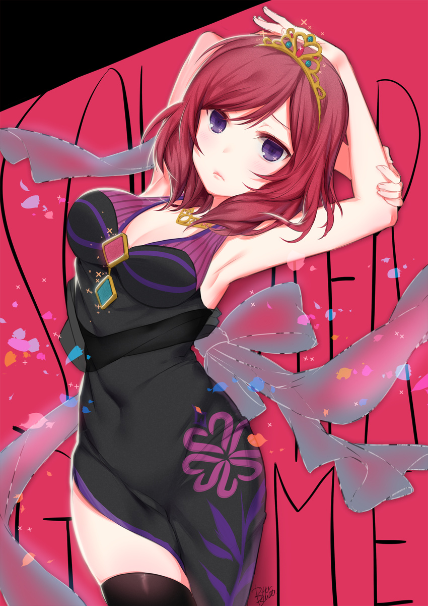 armpits arms_up bittersweet_(dalcoms) black_dress black_legwear blush breasts dress highres lips love_live! love_live!_school_idol_project medium_breasts nishikino_maki purple_eyes red_hair signature sleeveless sleeveless_dress soldier_game solo thighhighs tiara