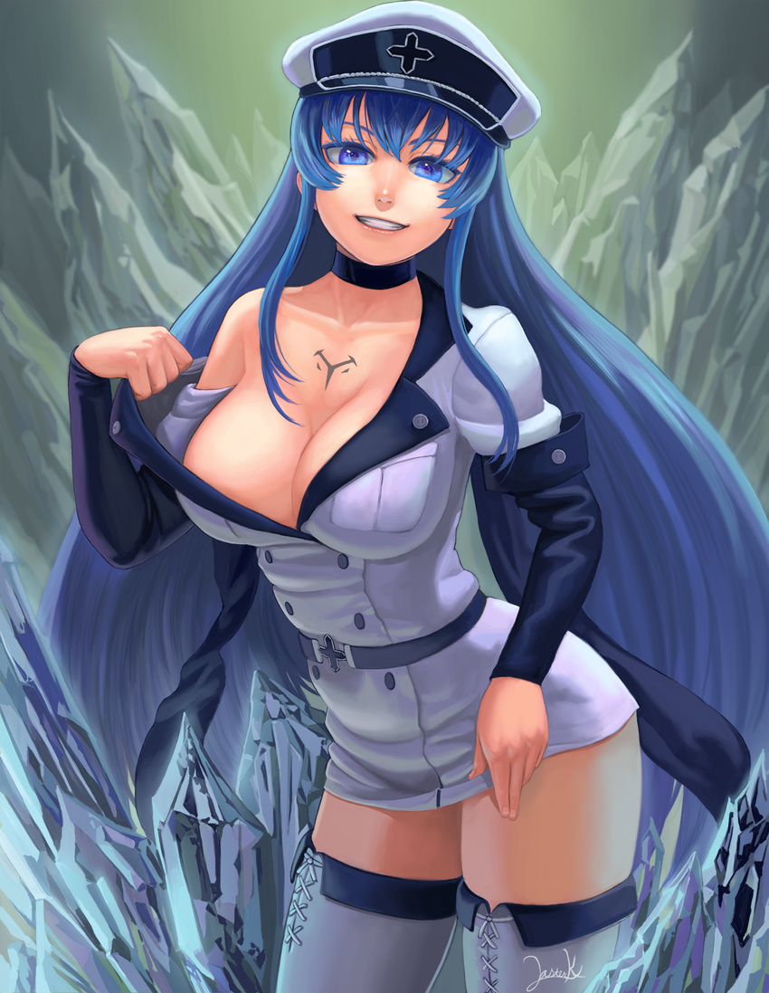 akame_ga_kill! blue_eyes blue_hair boots breasts choker esdeath grin hat highres ice large_breasts lasterk long_hair looking_at_viewer military military_uniform off_shoulder peaked_cap signature smile solo thigh_boots thighhighs uniform very_long_hair white_legwear zettai_ryouiki