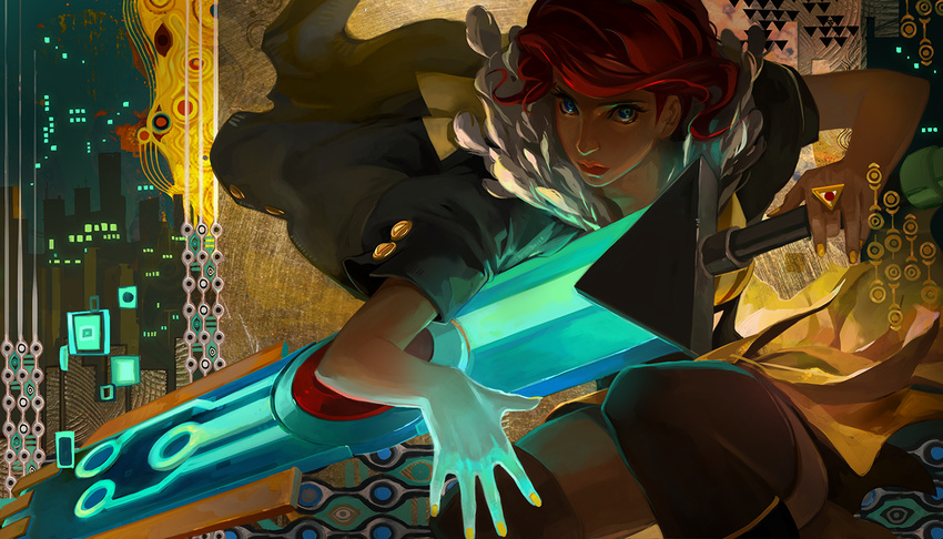 blue_eyes building cityscape game_cg huge_weapon jen_zee lips nail_polish official_art red_(transistor) red_hair short_hair supergiant_games sword the_transistor transistor_(game) weapon