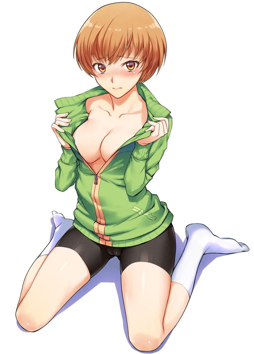 another_story bike_shorts blush breasts brown_eyes brown_hair cameltoe cleavage green_jacket highres jacket long_legs looking_at_viewer medium_breasts no_bra open_clothes open_jacket persona persona_4 persona_4_the_golden satonaka_chie short_hair simple_background sitting socks solo track_jacket wariza white_background white_legwear