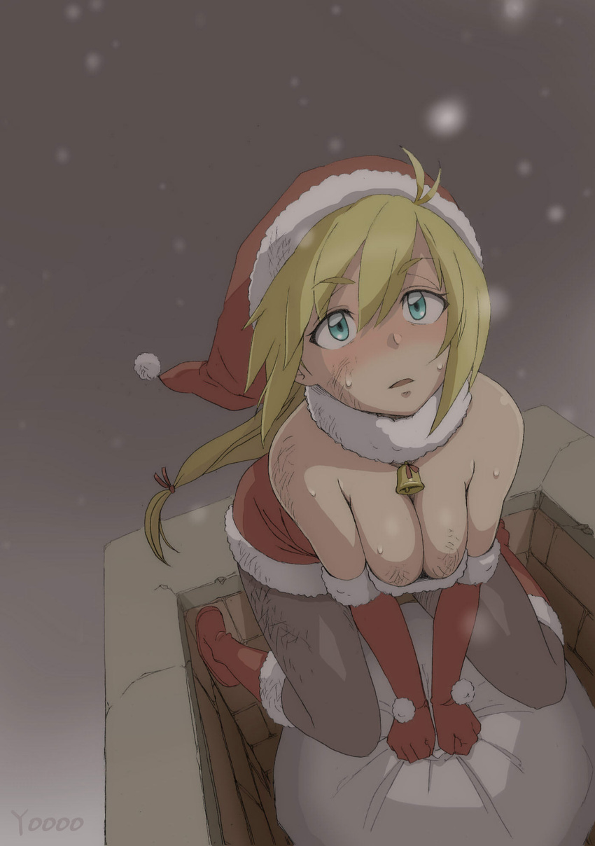 aqua_eyes bell boots breasts chimney christmas cleavage dirty fur_trim hair_between_eyes hat highres long_hair looking_up medium_breasts original pantyhose santa_hat snow solo sweat yooo