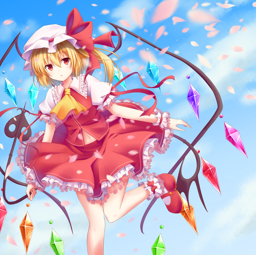 ascot blonde_hair blush flandre_scarlet hat highres kure~pu mary_janes midriff red_eyes shoes side_ponytail skirt touhou wings wrist_cuffs