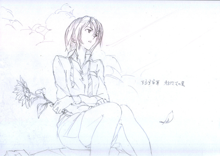 female flower honneamise_no_tsubasa riquinni_nonderaiko short_hair sitting solo sunflower