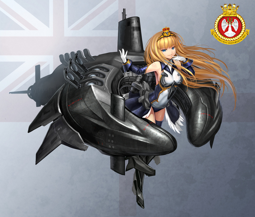 armor armored_boots asymmetrical_legwear badge bare_shoulders blonde_hair blue_eyes blue_legwear boots breasts character_name crown elbow_gloves flag_background full_body fur_trim gloves hairband hand_to_own_mouth highres hms_victorious_(s29) kantai_collection large_breasts leaning leaning_forward leotard long_hair machinery mini_crown original royal_navy showgirl_skirt sideboob single_thighhigh sleeveless smile smug solo thighhighs tom-neko_(zamudo_akiyuki) union_jack united_kingdom very_long_hair
