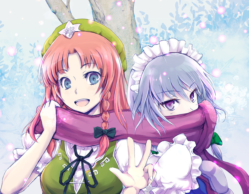blue_eyes braid chinese_clothes covered_mouth hair_ribbon hat hong_meiling izayoi_sakuya looking_at_viewer maid maid_headdress multiple_girls open_mouth purple_eyes red_hair ribbon scarf shared_scarf shugoi silver_hair snowing star touhou v
