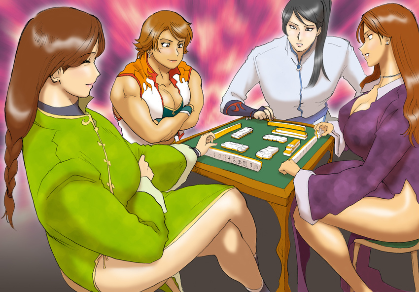 abstract_background board_game bracer breasts bridal_gauntlets cao-li china_dress chinese_clothes cleavage copyright_request crossed_arms dress earrings eyes_closed eyeshadow guan-caihe high_collar highres jewelry large_breasts legs_crossed liu-meixing long_hair long_sleeves mahjong makeup multiple_girls nail_polish nappy_happy necklace original short_hair side_slit sitting smile smirk table tan thick_thighs thighs tube_top vest wide_sleeves wristband zhang-yanhua
