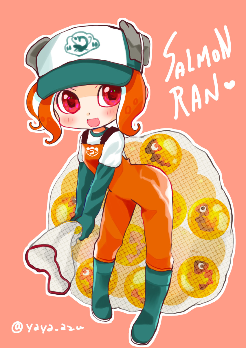 1girl :d boots egg elbow_gloves gloves hat heart highres jumpsuit leaning_forward net octoling open_mouth pink_eyes rubber_boots rubber_gloves salmon_run shirt short_hair shoulder_strap smile solo splatoon splatoon_(series) splatoon_2 splatoon_2:_octo_expansion tentacle tentacle_hair white_shirt yaya_(yayaya)