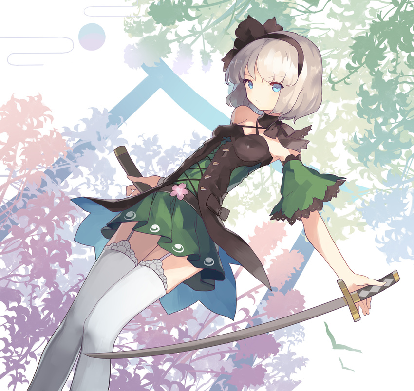 alternate_costume black_hairband blue_eyes flower garter_straps hairband hillly_(maiwetea) konpaku_youmu looking_at_viewer scabbard sheath short_hair silver_hair solo sword thighhighs touhou weapon