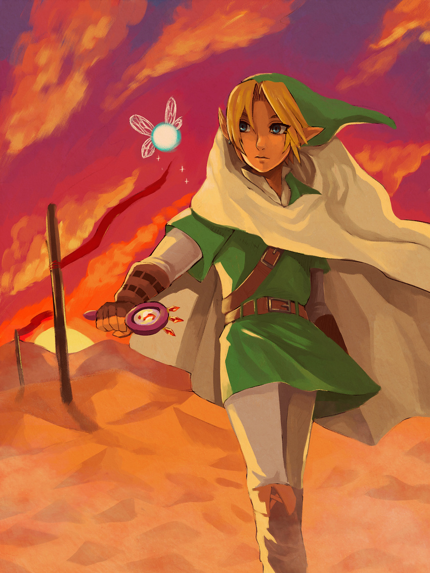 1boy blonde_hair chobitsg fairy green_shirt hat link magnifying_glass navi ocarina_of_time pointy_ears sand shirt the_legend_of_zelda the_legend_of_zelda:_ocarina_of_time tunic