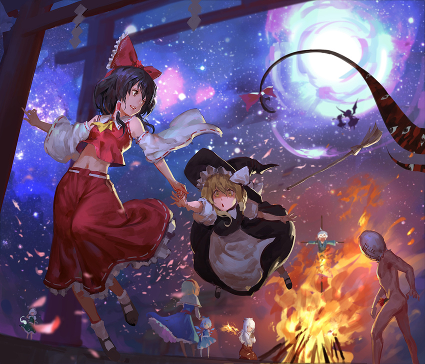 6+girls alice_margatroid black_hair blonde_hair blue_hair broom brown_eyes burning_at_the_stake cancer_(zjcconan) cirno detached_sleeves fire flandre_scarlet fujiwara_no_mokou full_moon gap glasses hair_ribbon hairband hakurei_reimu hat japanese_clothes kirisame_marisa konpaku_youmu konpaku_youmu_(ghost) miko moon moonlight morichika_rinnosuke multiple_boys multiple_girls open_mouth remilia_scarlet ribbon scarecrow silver_hair sin_sack tied_to_stake torii touhou white_hair wide_sleeves wings witch_hat yellow_eyes